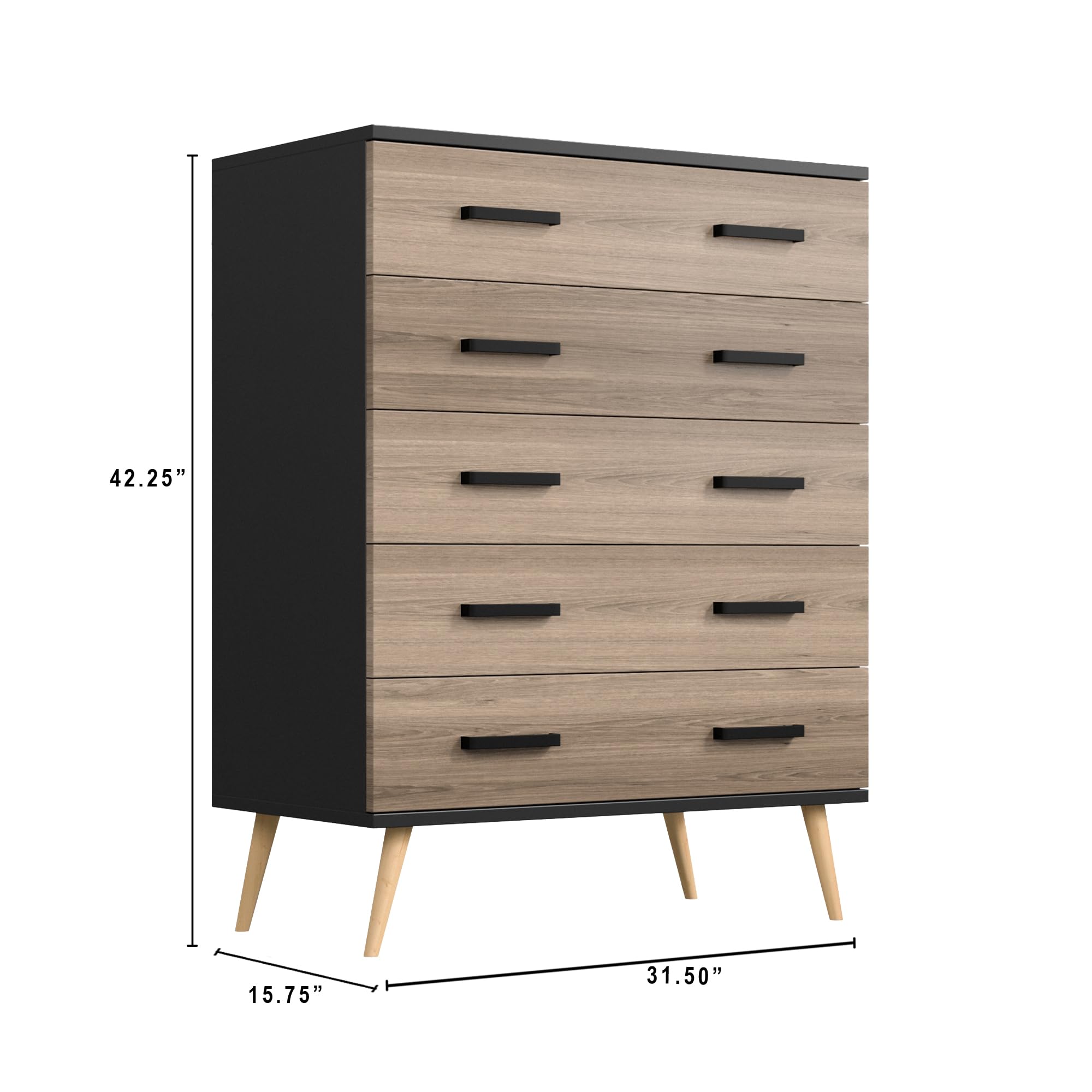 Woodpeckers Furniture And Mattress Eli Mid-Century Modern 5 Drawer Chest (Black & Sonoma Oak)